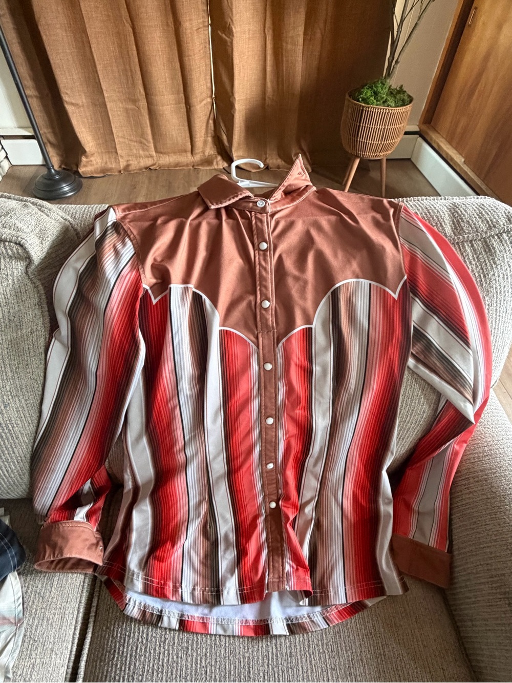 Western-Style Button Down Shirt in Rust & Red Stripes